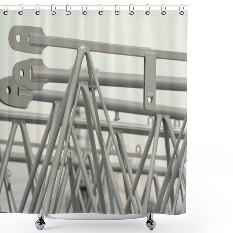 Personality  Boom Spare Part For Construction Crane, Gray Metal Structures On Gray Background Stock Photo With Empty Space For Text And Design.  Shower Curtains