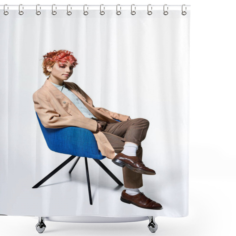 Personality  Extraordinary Woman With Fiery Red Hair Relaxes On A Sleek Blue Chair. Shower Curtains