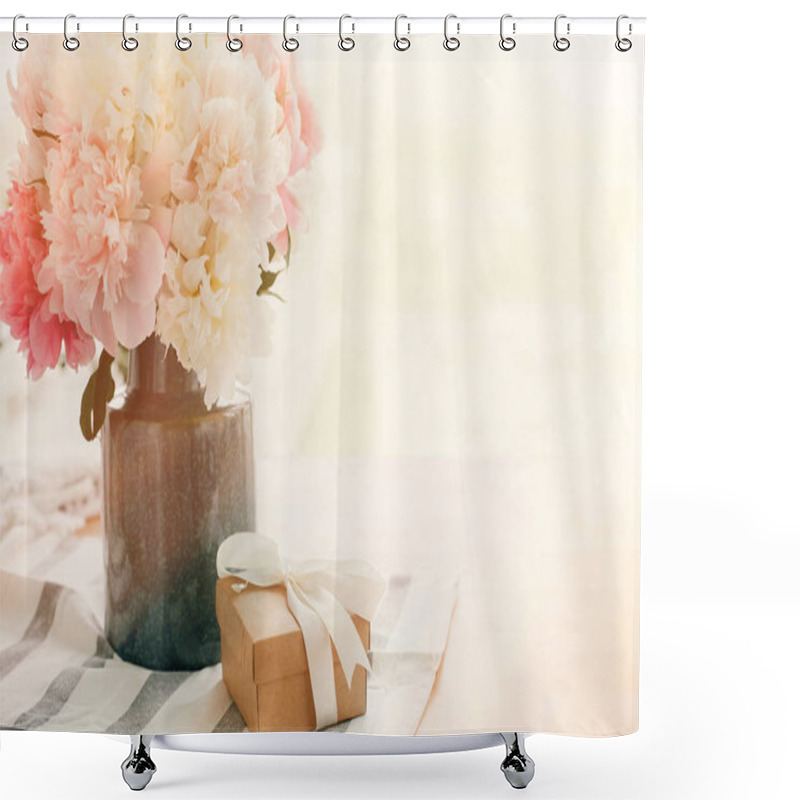 Personality  Beautiful Peonies In Vase And Gift Box On Rustic Wooden Table In Sunny Morning Light With Space For Text. Happy Mothers Day Greeting Card. International Women's Day. Valentines Day. Shower Curtains