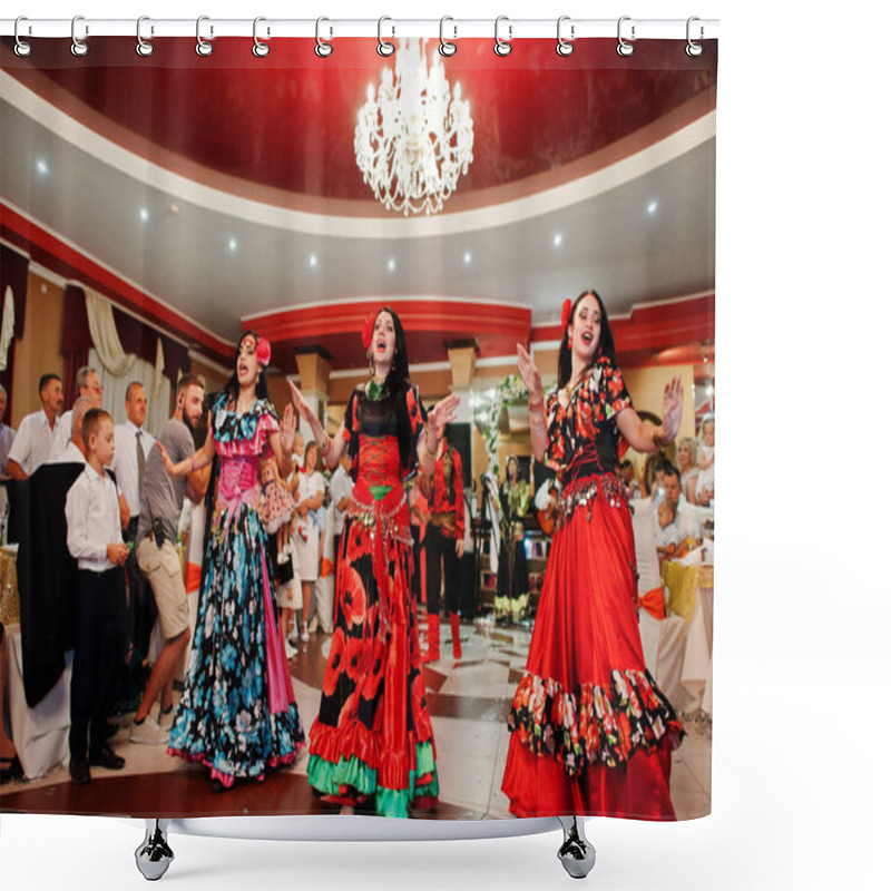 Personality  Zalishchyky, Ukraine- August 28, 2016: Gypsies Dancing And Singi Shower Curtains