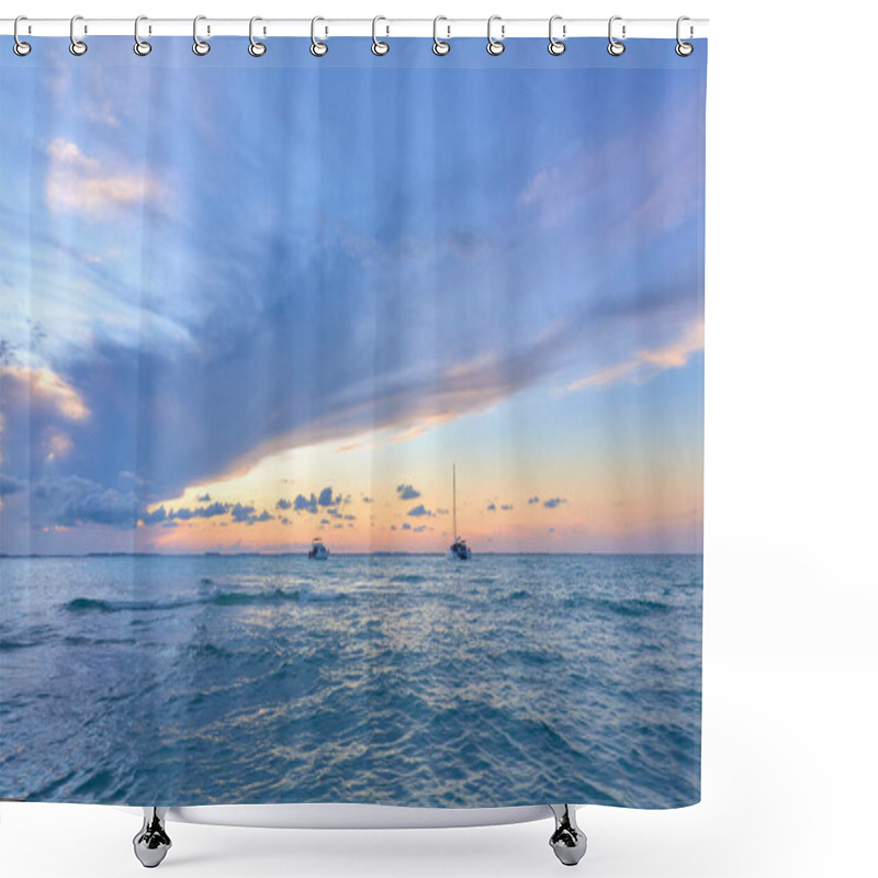 Personality  Sailing Boat In The Coast Of Isla Mujeres Cancun At The Sunset With A Sky At The Golden Hour. Mexican Beaches Of The Riviera Maya Shower Curtains