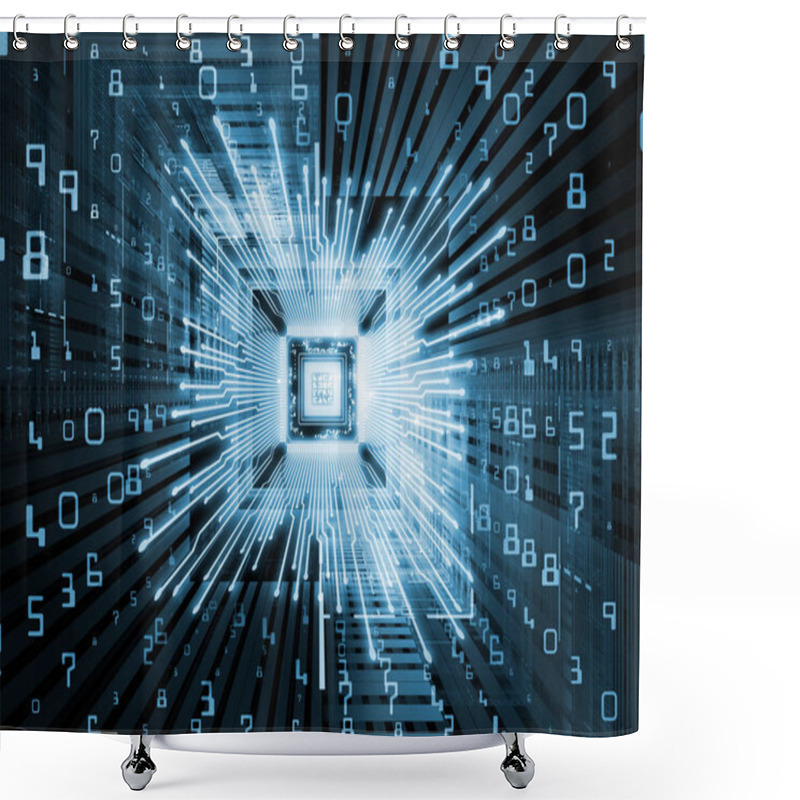 Personality  Computing Machine Series. 3D Illustration Of CPU With Fractal Environment In Perspective With Metaphorical Relationship To Computer Science, Digital World, Virtual Reality And Modern Technology Shower Curtains