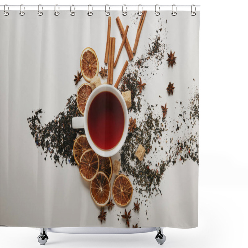 Personality  Flat Lay With Arranged Cinnamon Sticks, Anise Stars, Brown Sugar, Dried Orange Pieces And Cup Of Hot Tea On White Background Shower Curtains