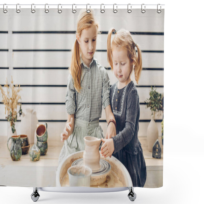 Personality  Two Hardworking Sweet Girls Making Clay Pot On The Pottery Wheel Shower Curtains