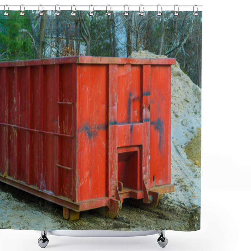 Personality  Red Metal Waste Container With Building Debris, Industrial Garbage Bin Shower Curtains