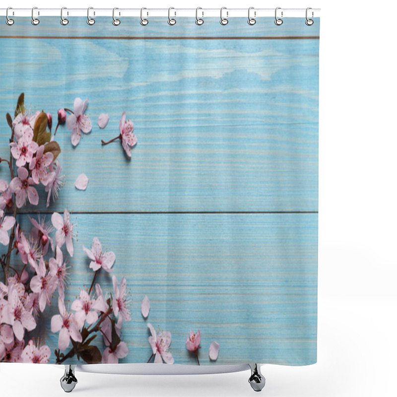 Personality  Blossoming Spring Tree Branches On Light Blue Wooden Table, Flat Lay. Space For Text Shower Curtains