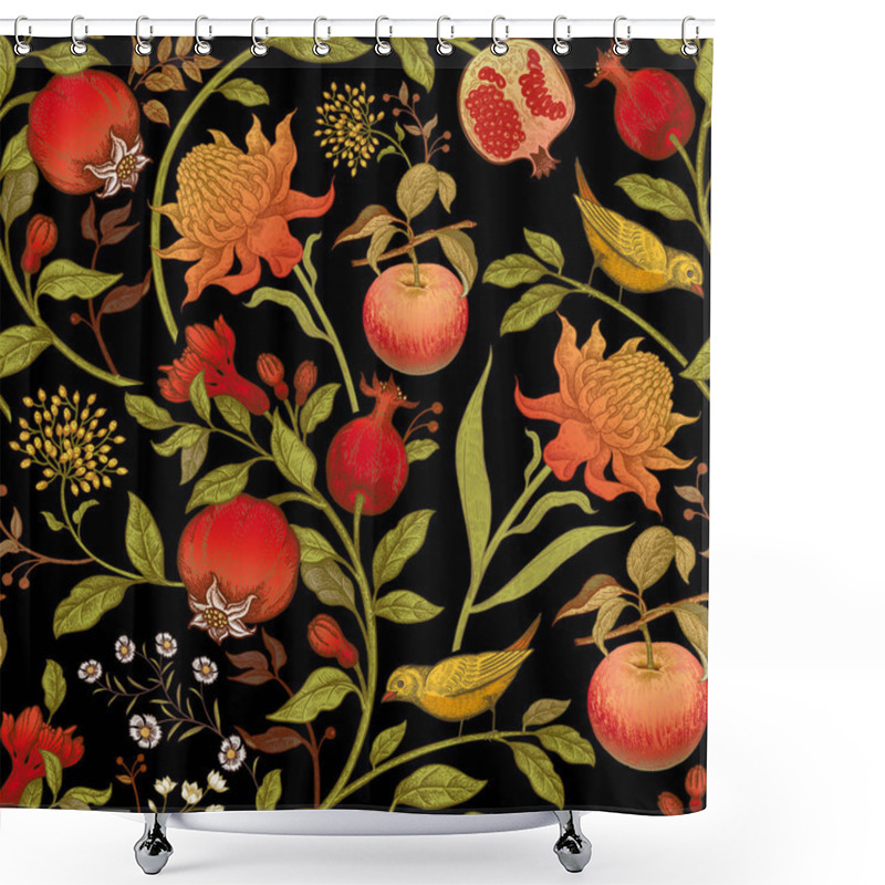 Personality  Exotic Flowers, Birds And Fruits. Seamless Vector Floral Pattern In Style Vintage Luxury Fabrics. Art Vector Illustration. Unusual Template For Design Of Textiles, Paper, Clothing, Case Phone Cover Shower Curtains