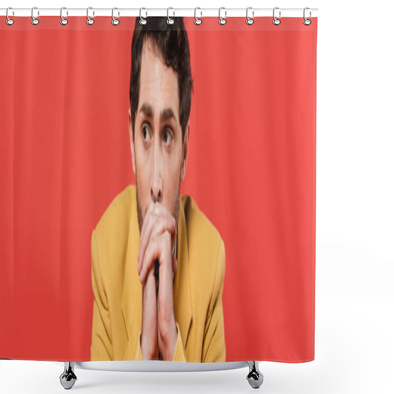 Personality  Thoughtful Man With Clenched Hands Looking Away Isolated On Red Coral Background, Banner   Shower Curtains