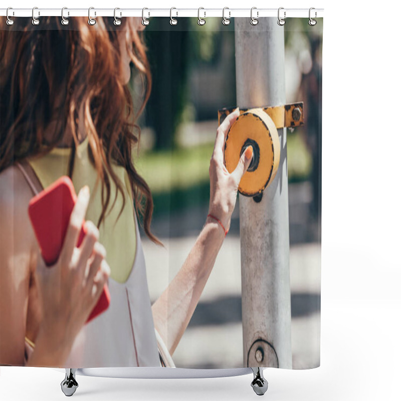 Personality  Cropped Shot Of Woman Pressing Button On Pedestrian Crossing Shower Curtains