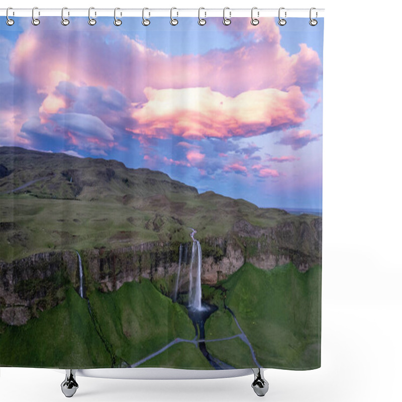 Personality  Aerial View Of Serene Seljalandsfoss Waterfall Cascades Over Lush Greenery, Surrounded By Dramatic Cliffs Under A Breathtakingly Vibrant Sunset Sky In Area Of Golden Circle In Iceland Shower Curtains