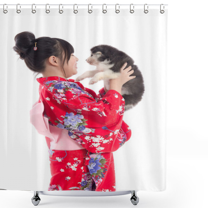 Personality  Little Asian Girl In Red Kimono Playing With A Siberian Husky Pu Shower Curtains