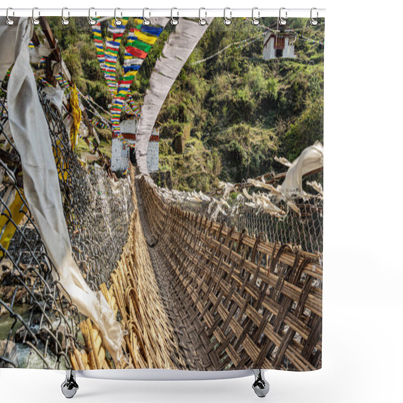 Personality  Ancient Holy Bamboo Bridge With Many Buddhist Holy Flags From Unique Perspective Image Is Taken At Chaksam Bridge Tawang Arunachal Pradesh India. Shower Curtains