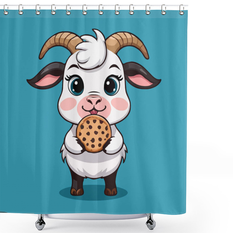 Personality  A Cute Goat Character With Large Eyes And Horns, Happily Holding A Chocolate Chip Cookie Against It. Shower Curtains