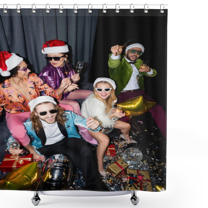 Personality  Happy Interracial Friends In Santa Hats Drinking Champagne And Celebrating New Year Near Grey Curtain On Black Background Shower Curtains