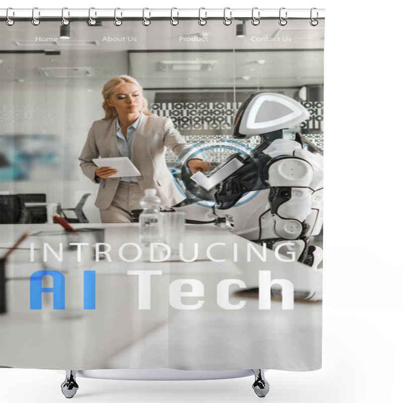 Personality  Selective Focus Of Attractive Businesswoman Operating Robot While Holding Digital Tablet, Ai Tech Illustration Shower Curtains