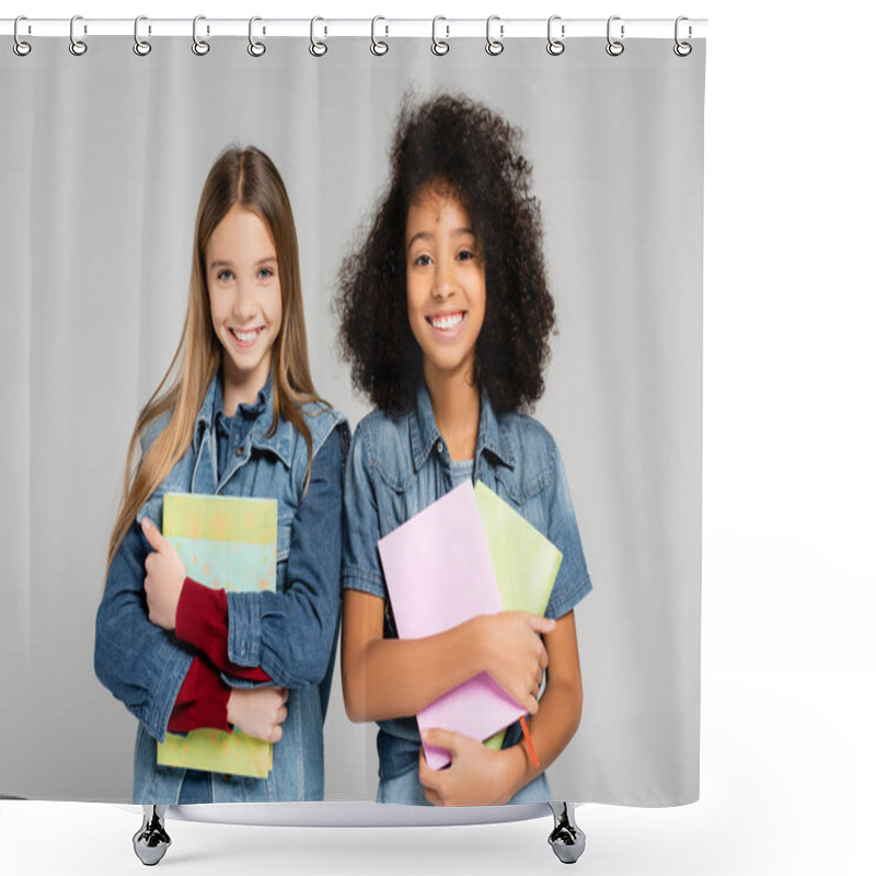 Personality  Joyful, Trendy Interracial Schoolgirls Holding Books And Smiling At Camera Isolated On Grey Shower Curtains