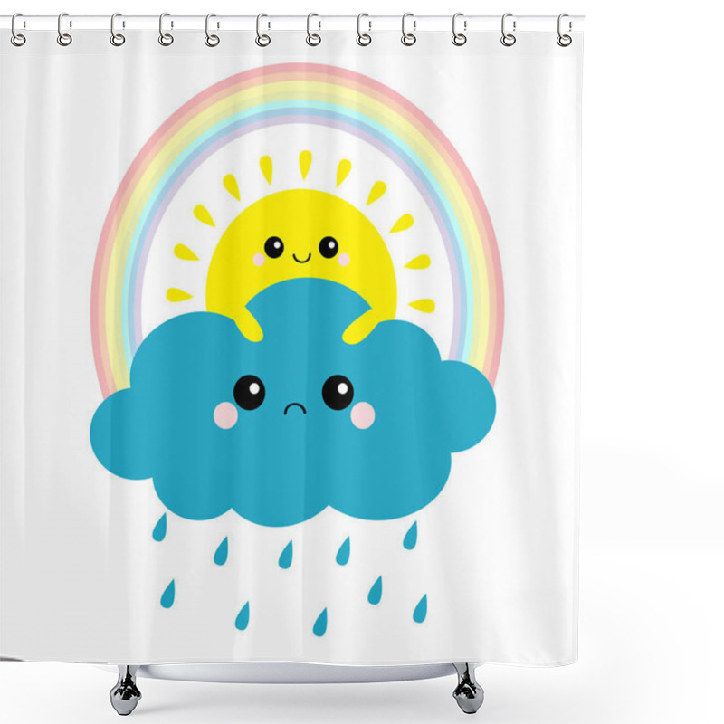 Personality  Sun Holding Cloud, Rainbow Set. Smiling Sad Face. Rain Drop Weather. Friends Forever. Fluffy Clouds. Cute Cartoon Cloudscape. Cloudy Weather Sign Symbols. Flat Design White Background Isolated. Vector Shower Curtains