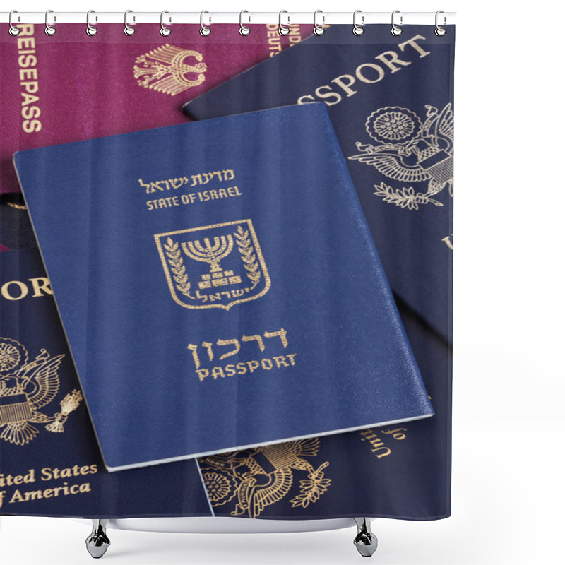 Personality  Israeli Passport On Passports Stack Shower Curtains