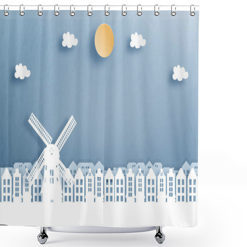 Personality  Paper Art With Amsterdam City, With Building,windmill, And Blue Sky. Welcome To Amsterdam. Vector Illustration. Shower Curtains