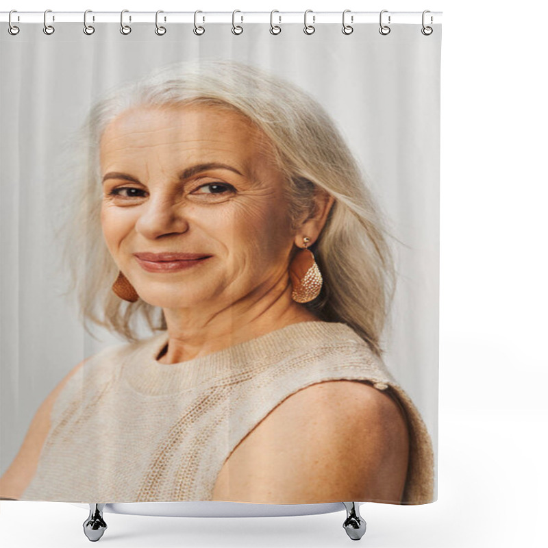 Personality  Portrait Of Happy Senior Woman In Makeup And Golden Earrings Looking At Camera On Grey Backdrop Shower Curtains