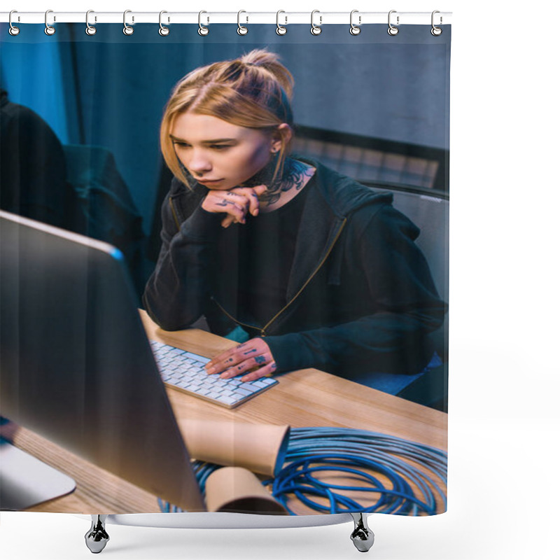 Personality  Young Thoughtful Female Hacker Looking At Computer Screen Shower Curtains