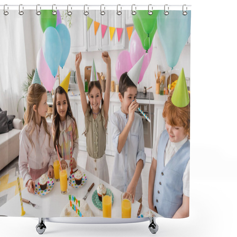 Personality  Group And Happy Kids In Party Caps Having Fun During Birthday At Home  Shower Curtains