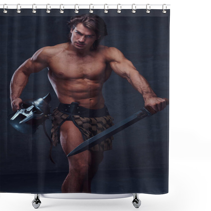 Personality  Muscular Man With Sword And Helmet Is Lookig To The Camera Shower Curtains