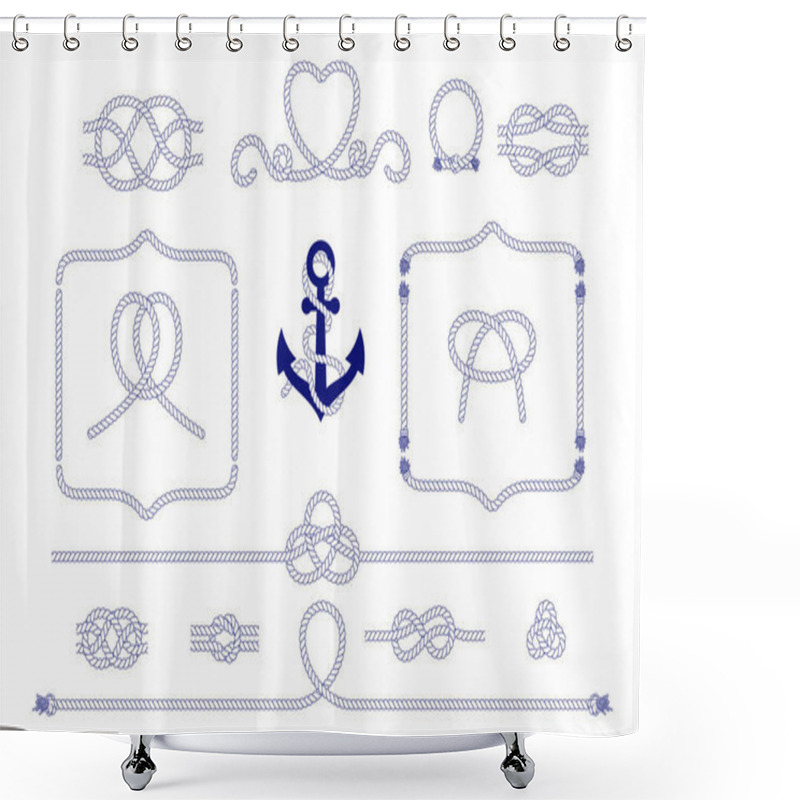 Personality  Nautical Rope Knots, Frames And Border Set. Seamless Decorative Marine Rope Elements. Twisted Cord With Decorative Loop. Vector Illustration On White Background Shower Curtains