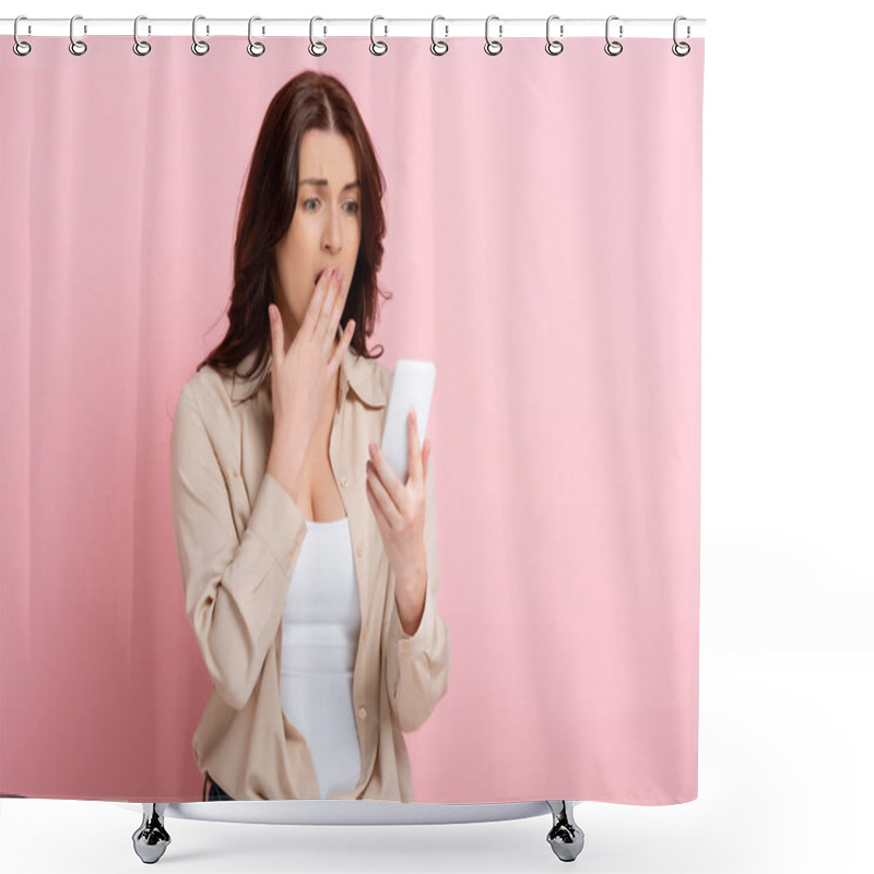 Personality  Shocked Brunette Woman With Hand Near Mouth Using Smartphone On Pink Background, Concept Of Body Positive  Shower Curtains