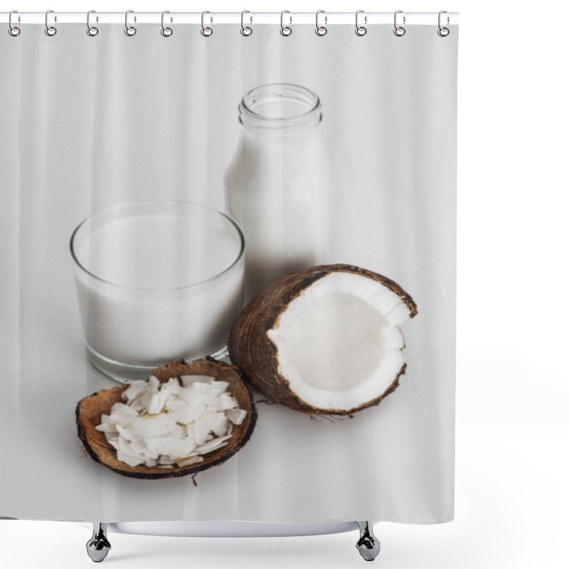 Personality  Organic Vegan Coconut Milk In Glass And Bottle Near Coconut Half And Coconut Chips On Grey Background Shower Curtains