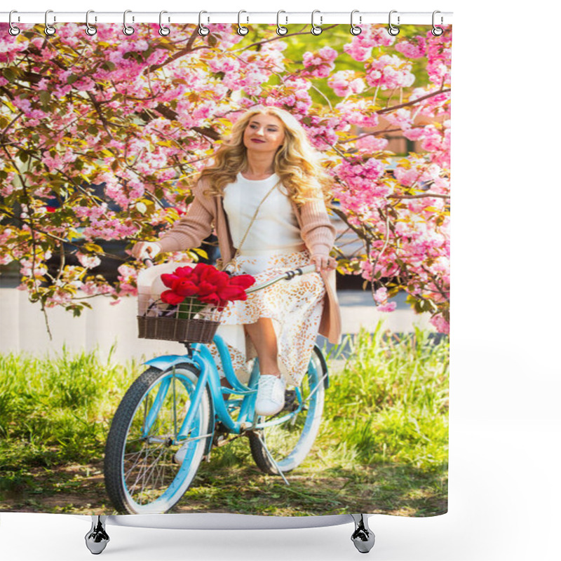 Personality  I Love My Job. Romantic Girl Under Sakura Blossom. Beautiful Spring Season Nature. Cherry Tree Blooming Flowers. Pink Blossoming Sakura. Relax In Park. Fashion And Beauty. Woman Ride Vintage Bicycle Shower Curtains