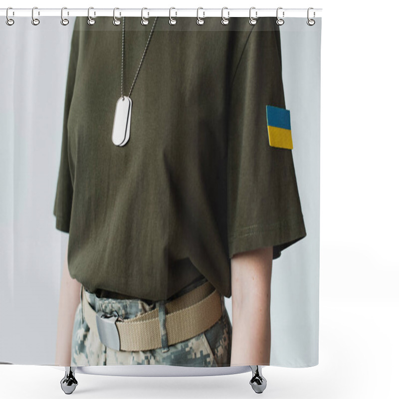 Personality  Cropped View Of Soldier With Ukrainian Flag On Chevron And Dog Tags Isolated On Grey  Shower Curtains