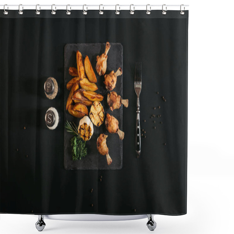 Personality  Top View Of Delicious Roasted Potatoes With Chicken And Grilled Garlic On Slate Board On Black  Shower Curtains