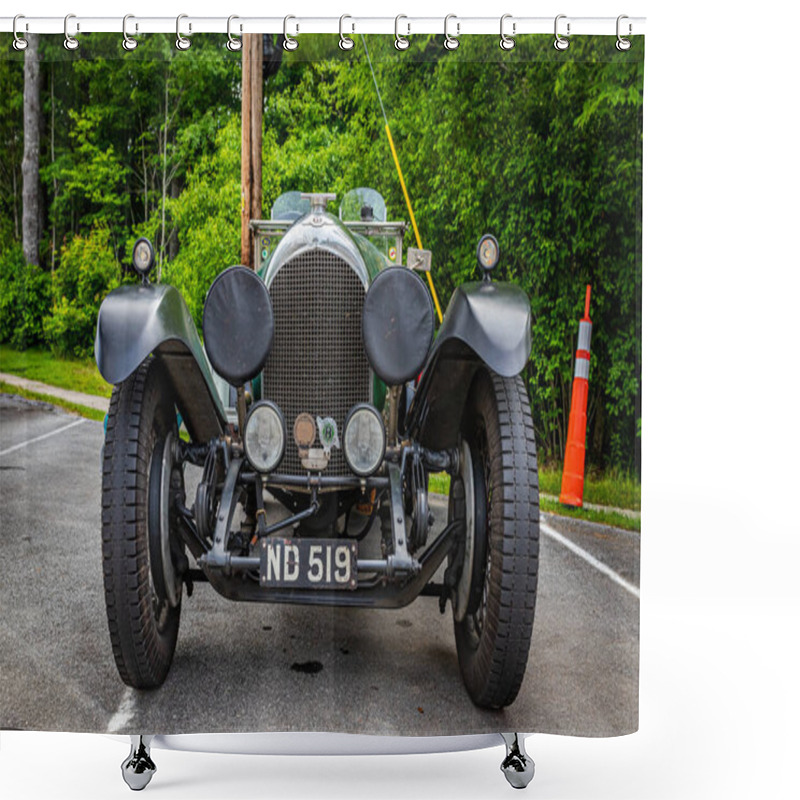 Personality  Highlands, NC - June 11, 2022: Low Perspective Front View Of A 1927 Bentley 3 Litre Speed Model Tourer At A Local Car Show. Shower Curtains