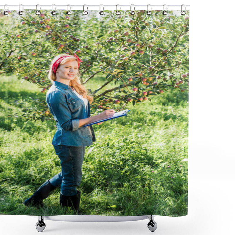 Personality  Attractive Farmer Examining Harvest In Apple Garden At Farm  Shower Curtains