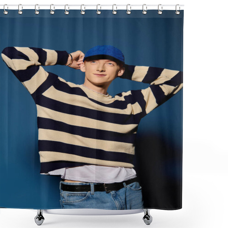 Personality  A Handsome Young Man Is Striking A Thoughtful Pose While Wearing A Striped Sweater And Cap. Shower Curtains