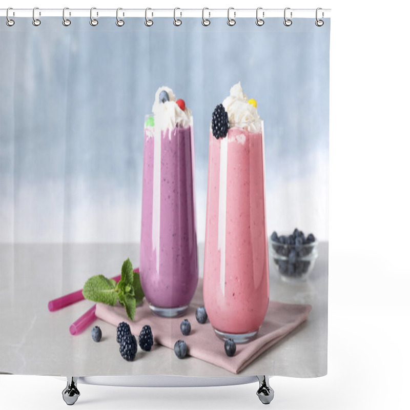 Personality  Tasty Milk Shakes With Toppings On Table Against Blue Background Shower Curtains