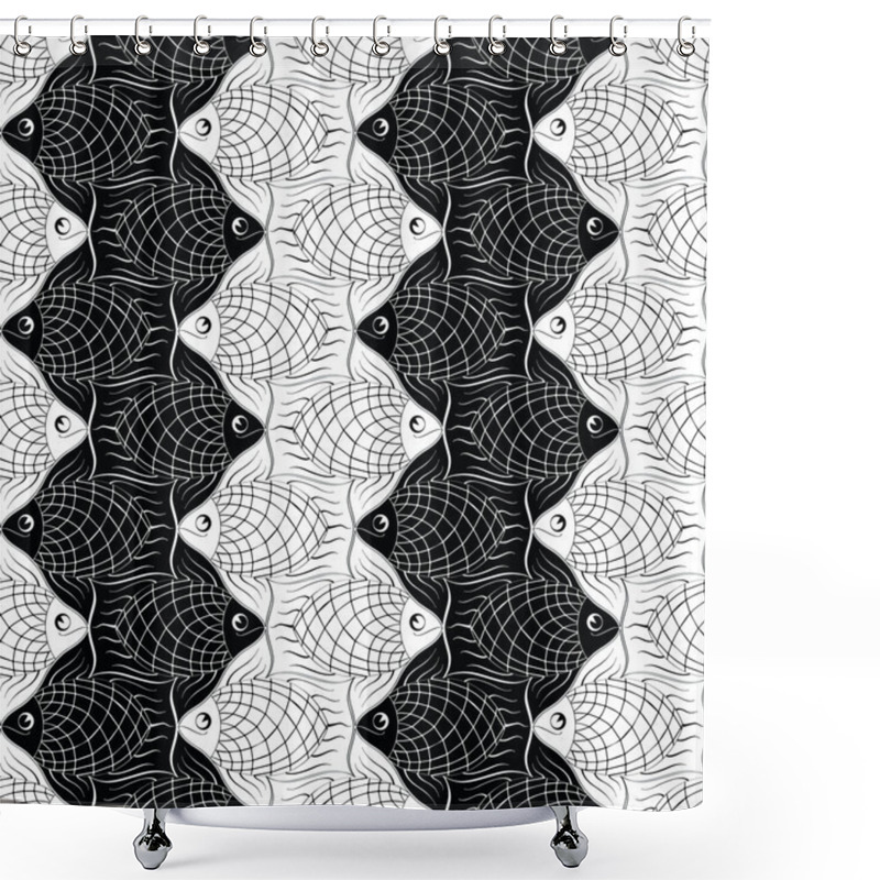 Personality  Seamless Pattern With Black And Wight Geometric Fishes Floating In A Zigzag Line Shower Curtains