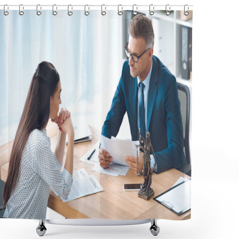 Personality  High Angle View Of Lawyer And Client Looking At Each Other While Discussing Contract In Office Shower Curtains