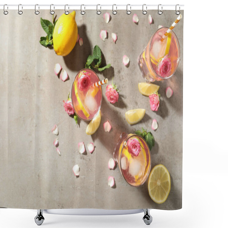 Personality  Delicious Refreshing Drink With Rose Flowers And Lemon Slices On Light Grey Table, Flat Lay Shower Curtains