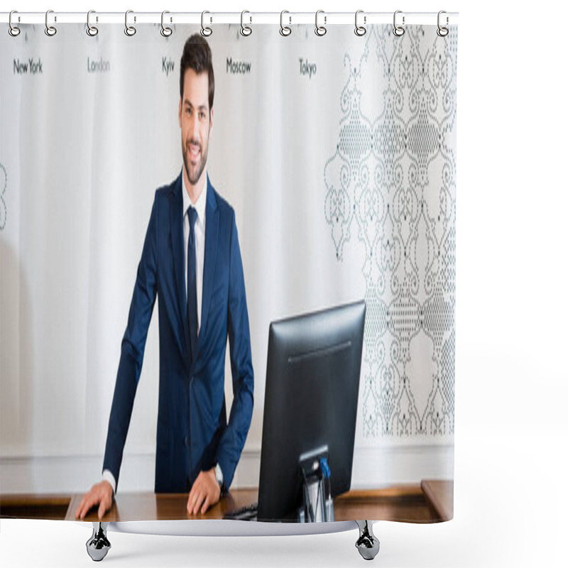 Personality  Panoramic Shot Of Happy Receptionist Standing At Reception Desk In Hotel  Shower Curtains