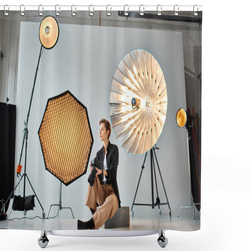 Personality  Attractive Young Female Photographer In Casual Clothes Posing In Her Studio And Looking Away Shower Curtains