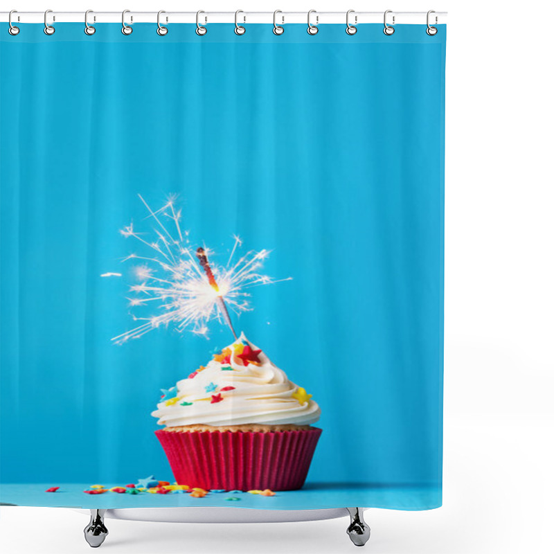 Personality  Cupcake With Sparkler On Blue Shower Curtains