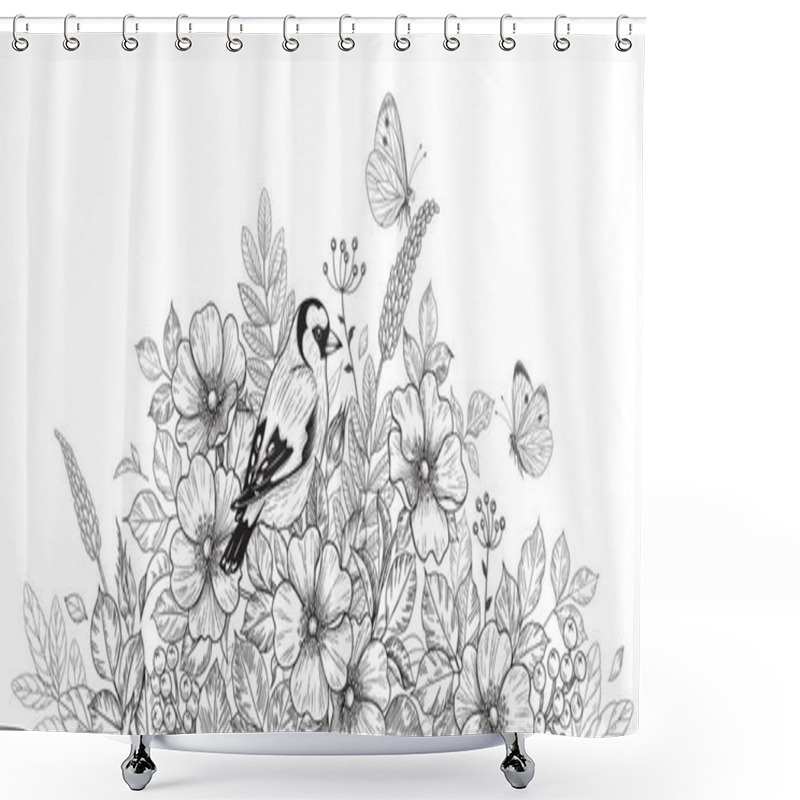 Personality  Hand Drawn Goldfinch Sitting Among Wildflowers And Flying Butterflies. Black And White Illustration With Bird, Flowers And Insects. Vector Monochrome Elegant Floral Arrangement In Vintage Style. Shower Curtains