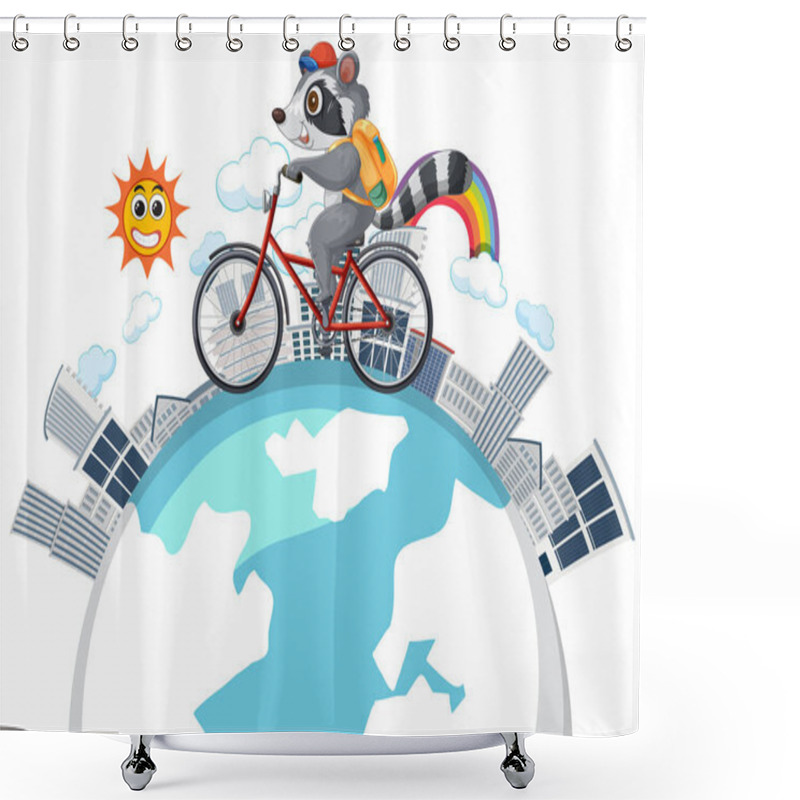 Personality  Raccoon Rides A Bike Over A Globe Shower Curtains