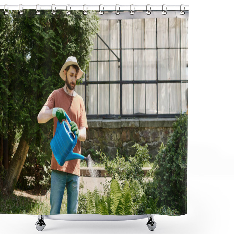 Personality  Handsome And Bearded Gardener In Sun Hat Watering Plants Near Greenhouse In Countryside Shower Curtains