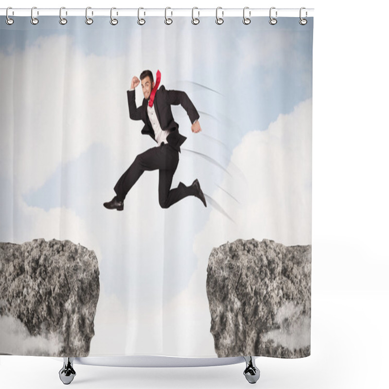 Personality  Funny Business Man Jumping Over Rocks With Gap Shower Curtains