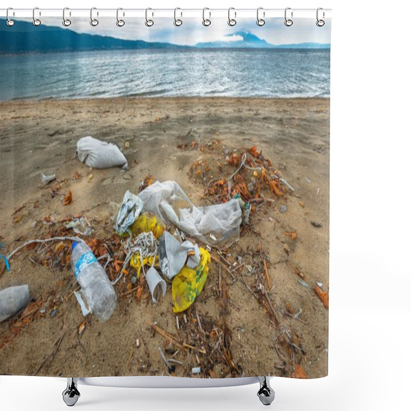 Personality  Rubbish On The Shores Of An Ocean Shower Curtains