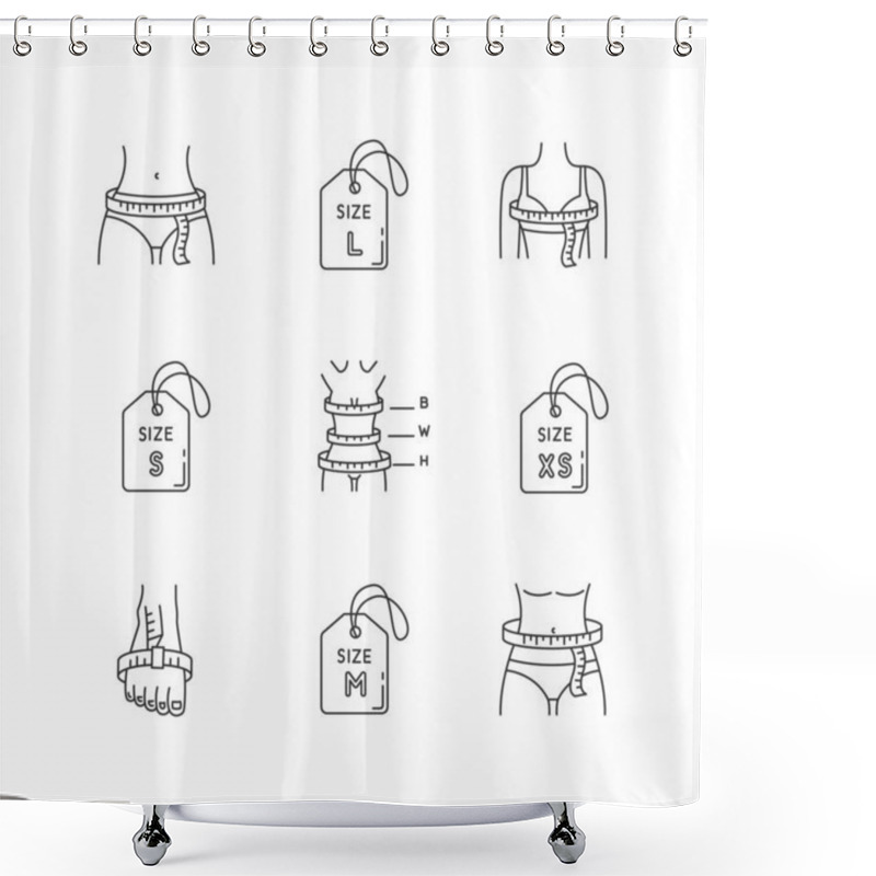 Personality  Female Clothing Sizes Pixel Perfect Linear Icons Set. Various Women Body Parameters, Bespoke Tailoring Customizable Thin Line Contour Symbols. Isolated Vector Outline Illustrations. Editable Stroke Shower Curtains