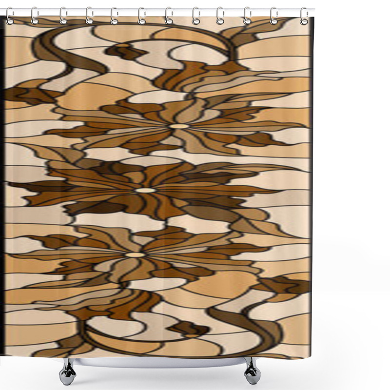 Personality  Illustration In Stained Glass Style With Flowers, Leaves And Buds Of  Flowers  , Symmetrical Image, Vertical Orientation, Tone   Brown Shower Curtains